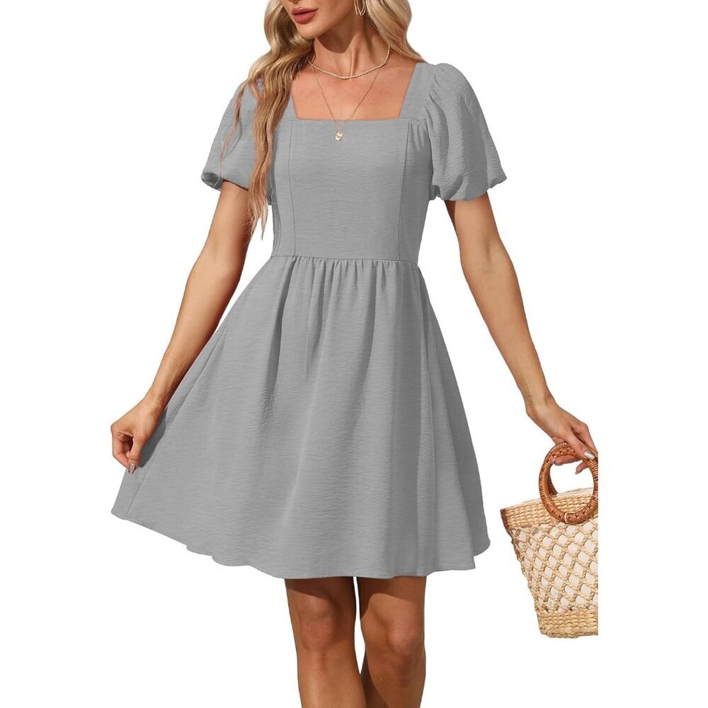 Ofeefan Women Grey Puff Sleeve Square Neck Tie in Back Dresses with Zipper